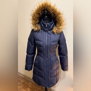 Women's Navy Puffer Coat with Removable Hood Size XS